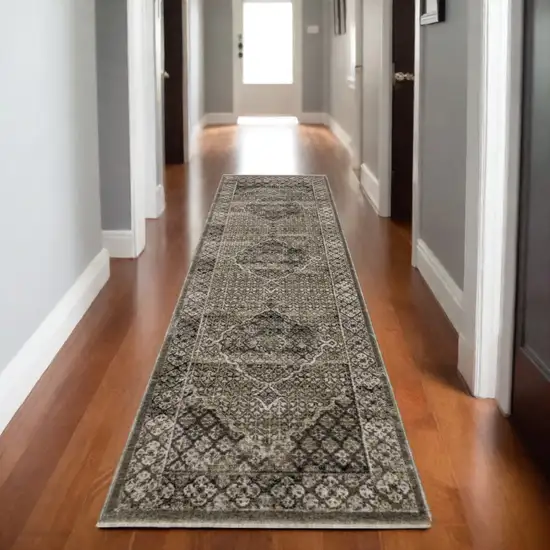 8' Gray And Beige Medallion Runner Rug With Fringe Photo 1
