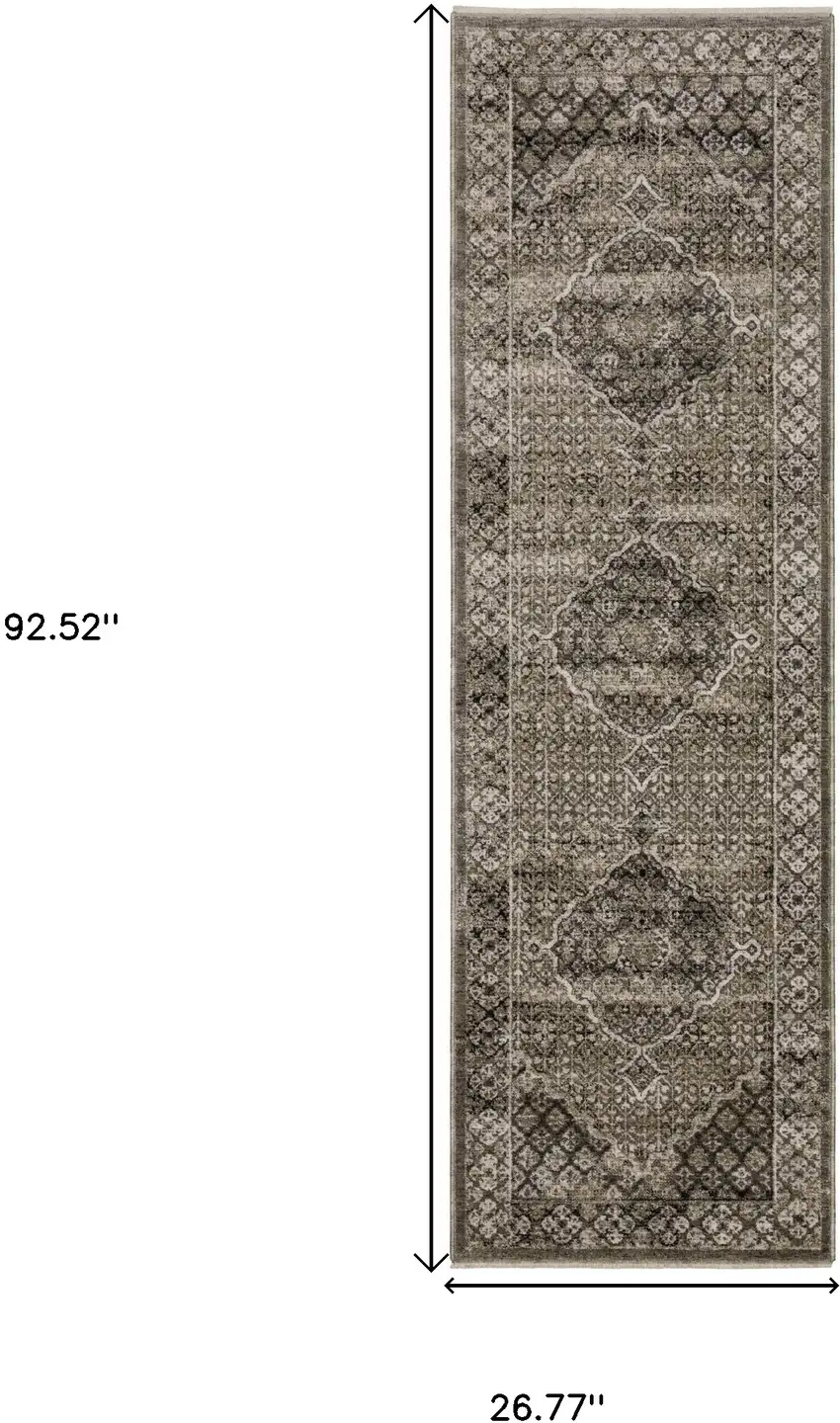 8' Gray And Beige Medallion Runner Rug With Fringe Photo 3