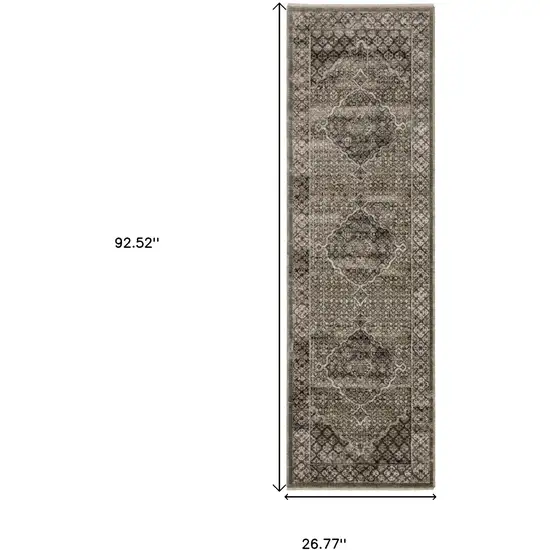 8' Gray And Beige Medallion Runner Rug With Fringe Photo 3