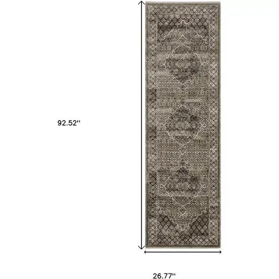 8' Gray And Beige Medallion Runner Rug With Fringe Photo 3