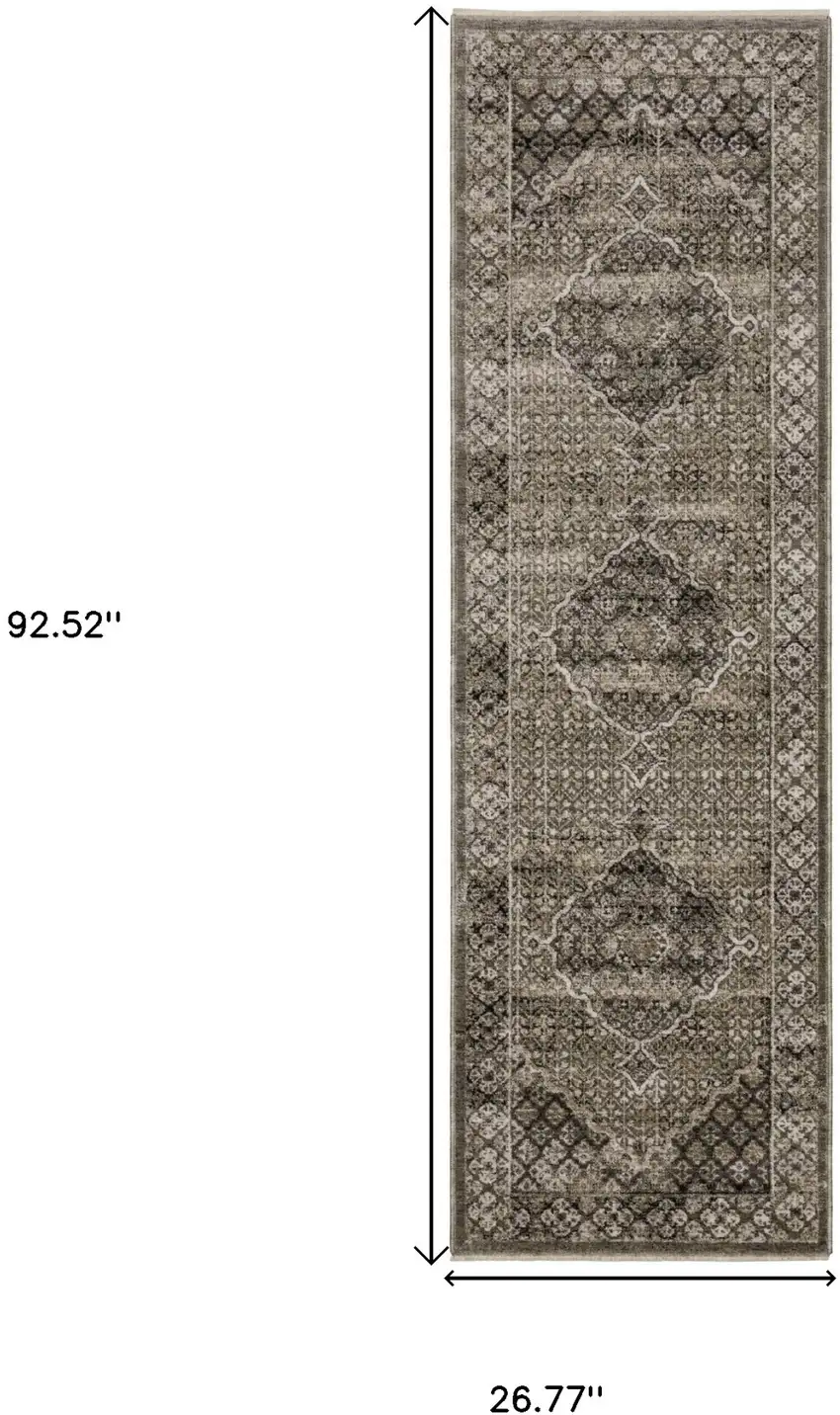 8' Gray And Beige Medallion Runner Rug With Fringe Photo 3