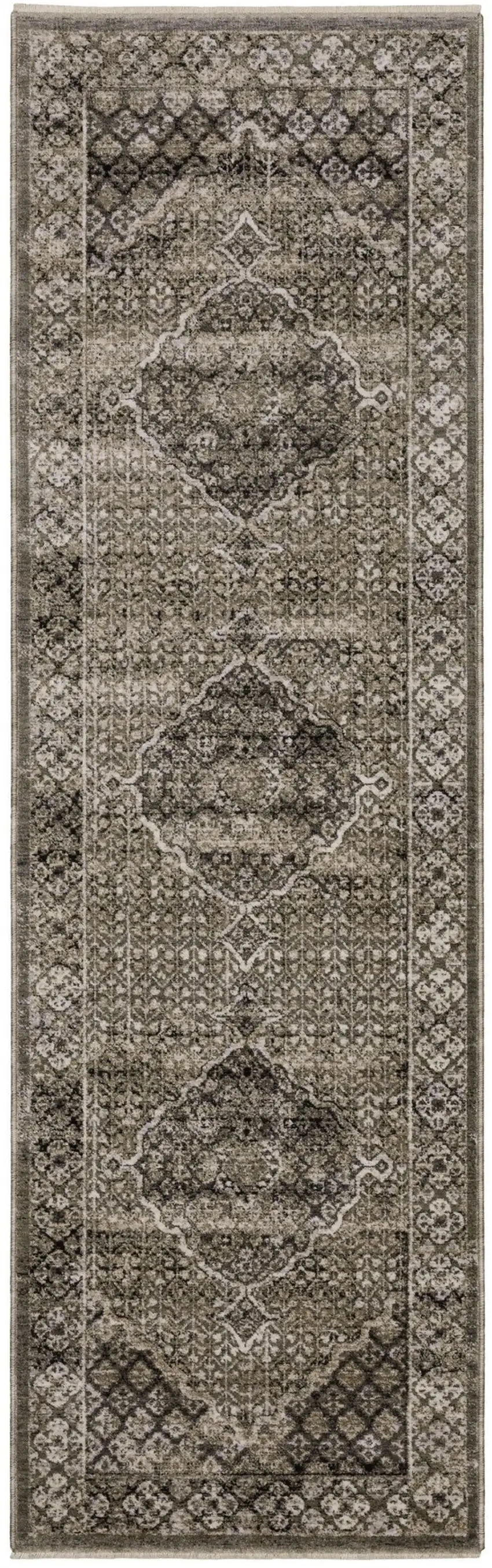8' Gray And Beige Medallion Runner Rug With Fringe Photo 2