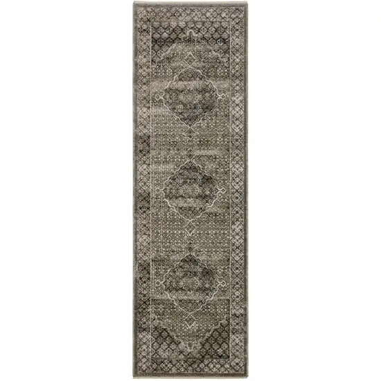 8' Gray And Beige Medallion Runner Rug With Fringe Photo 2