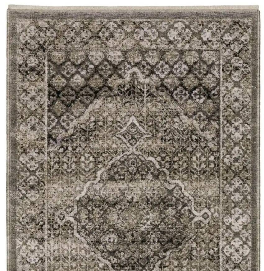 8' Gray And Beige Medallion Runner Rug With Fringe Photo 8