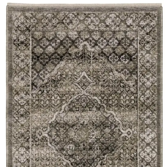 8' Gray And Beige Medallion Runner Rug With Fringe Photo 8