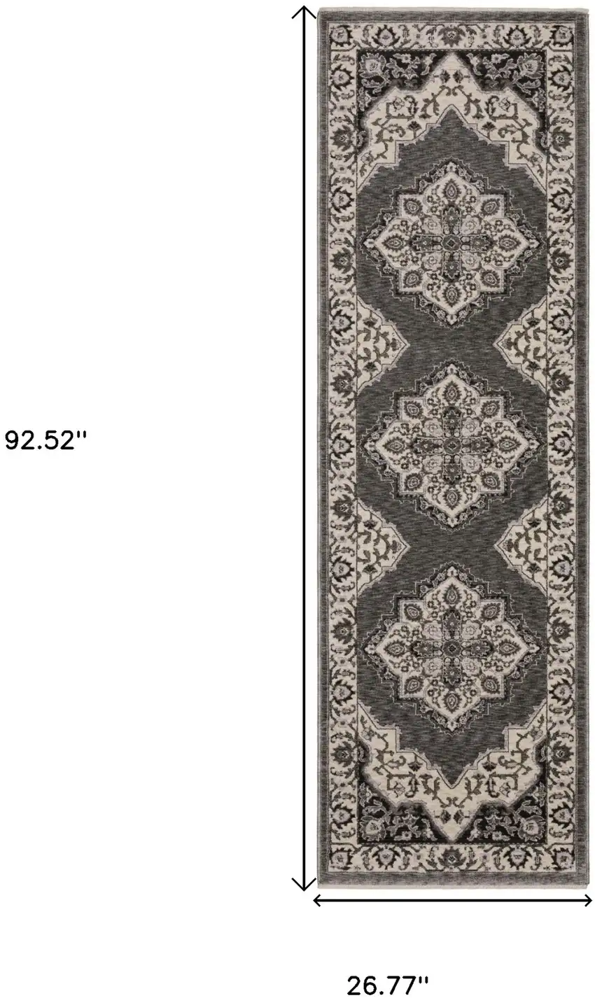 8' Gray And Beige Medallion Runner Rug With Fringe Photo 3