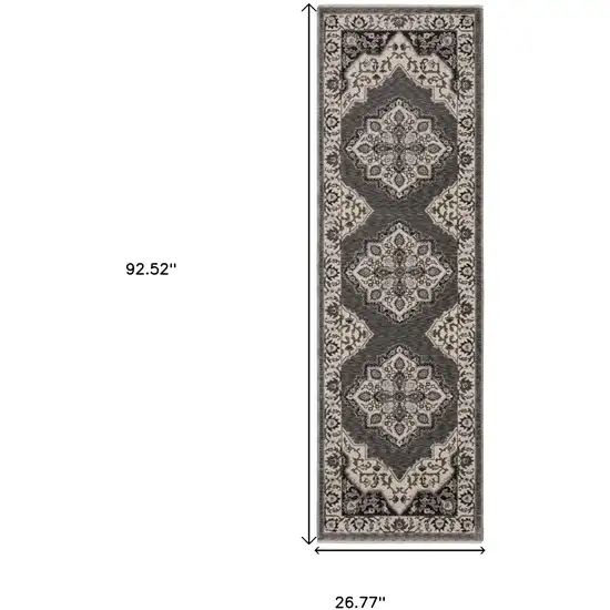 8' Gray And Beige Medallion Runner Rug With Fringe Photo 3