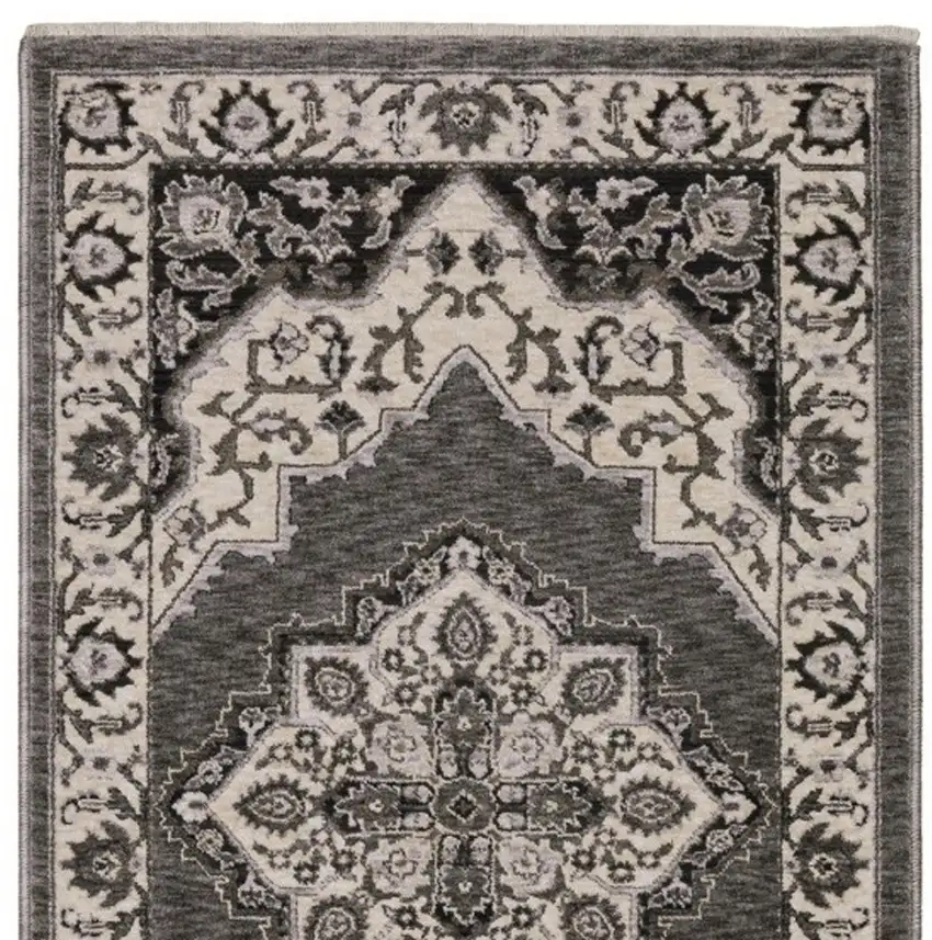 8' Gray And Beige Medallion Runner Rug With Fringe Photo 4