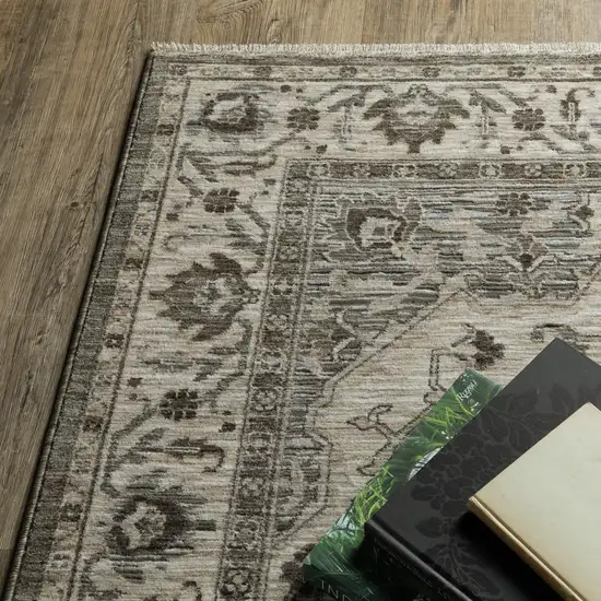 8' Gray And Beige Medallion Runner Rug With Fringe Photo 6
