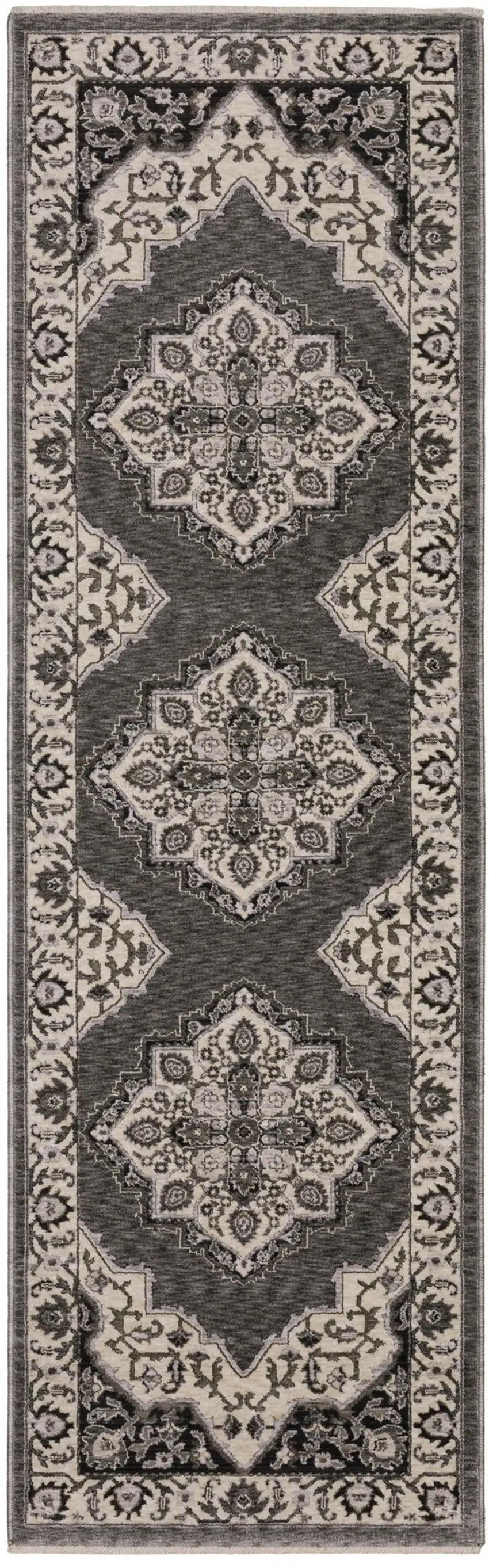 8' Gray And Beige Medallion Runner Rug With Fringe Photo 2