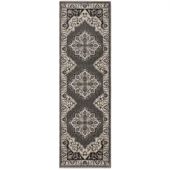 8' Gray And Beige Medallion Runner Rug With Fringe Photo 2