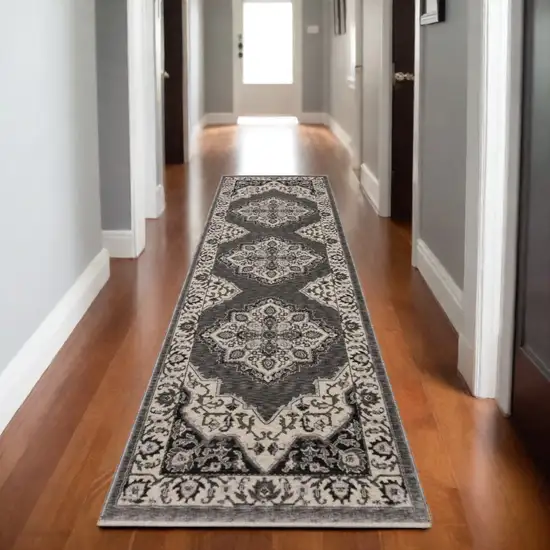 8' Gray And Beige Medallion Runner Rug With Fringe Photo 1
