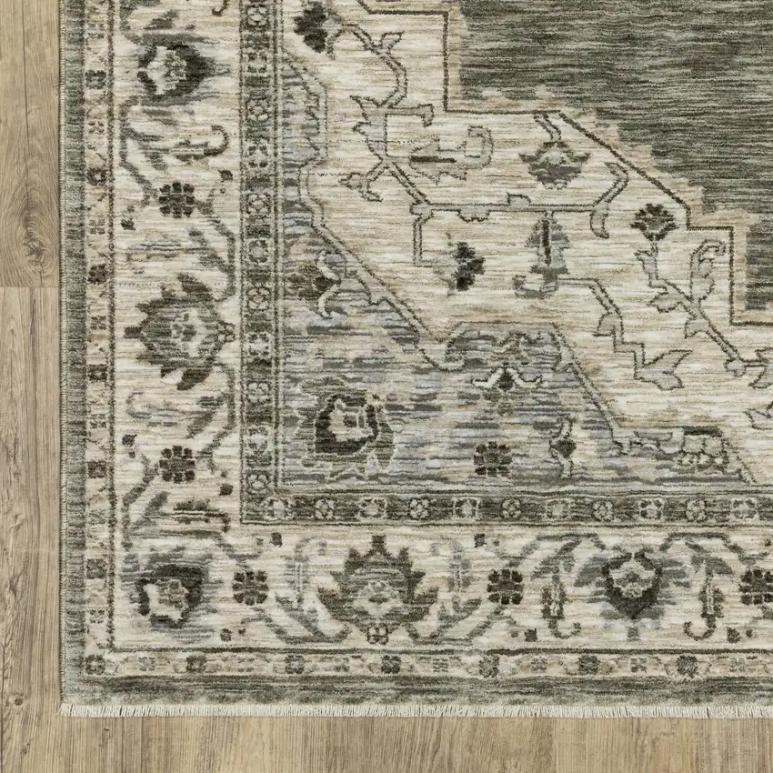 8' Gray And Beige Medallion Runner Rug With Fringe Photo 9