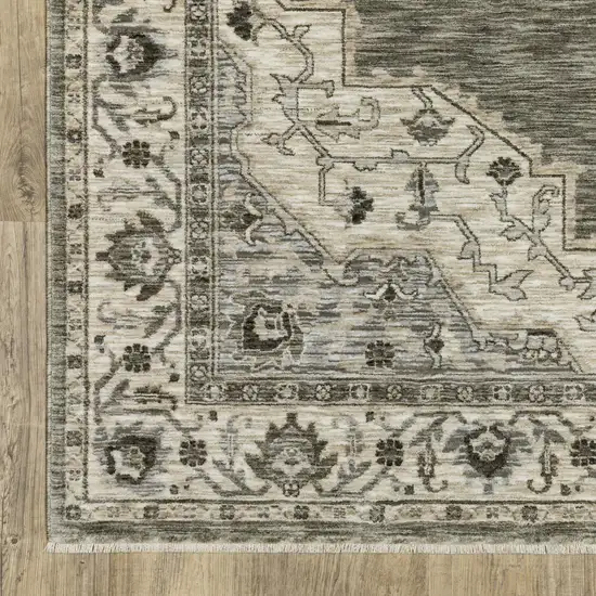 8' Gray And Beige Medallion Runner Rug With Fringe Photo 9