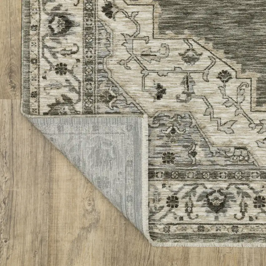 8' Gray And Beige Medallion Runner Rug With Fringe Photo 7