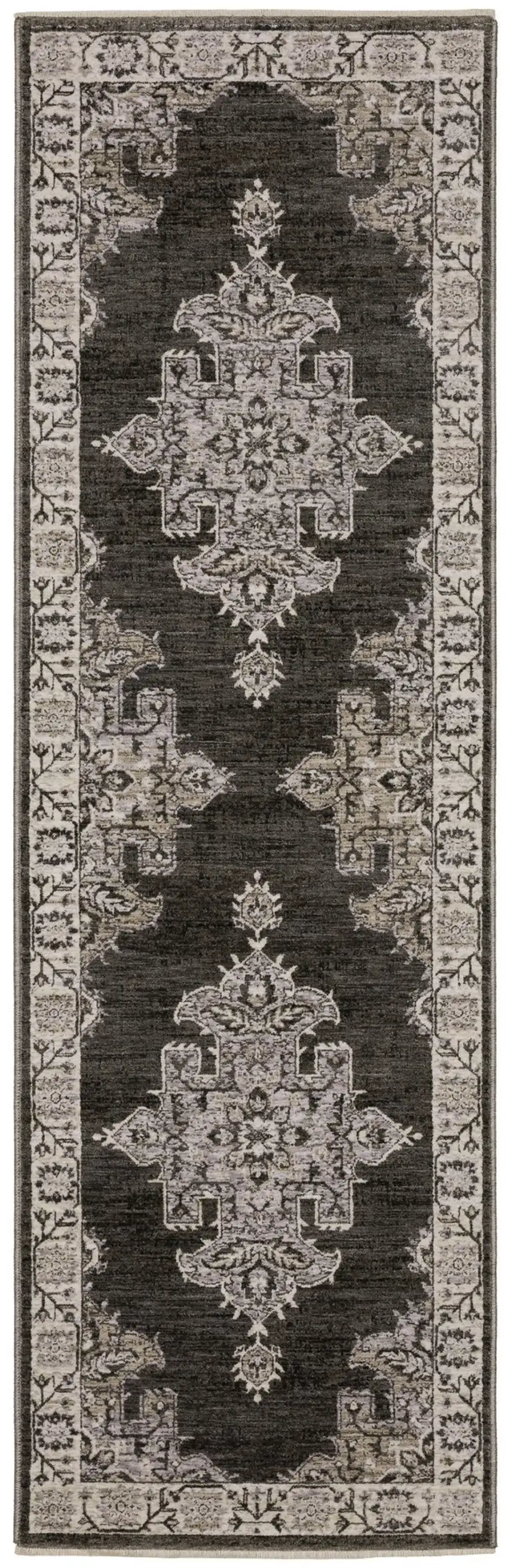 8' Gray And Beige Medallion Runner Rug With Fringe Photo 2