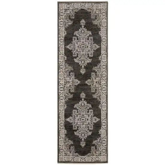 8' Gray And Beige Medallion Runner Rug With Fringe Photo 2