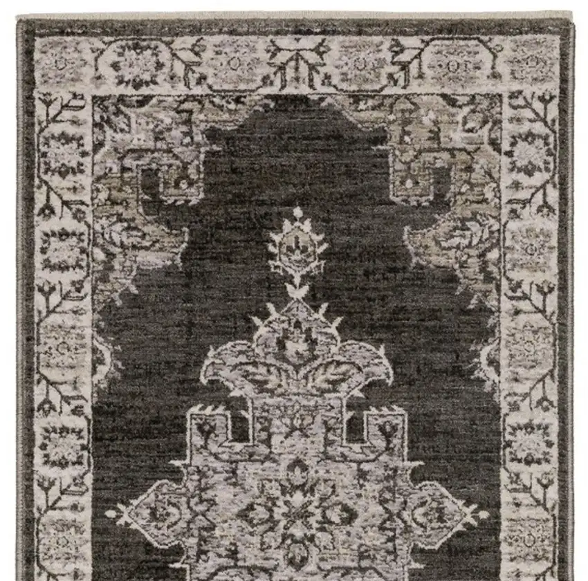 8' Gray And Beige Medallion Runner Rug With Fringe Photo 9