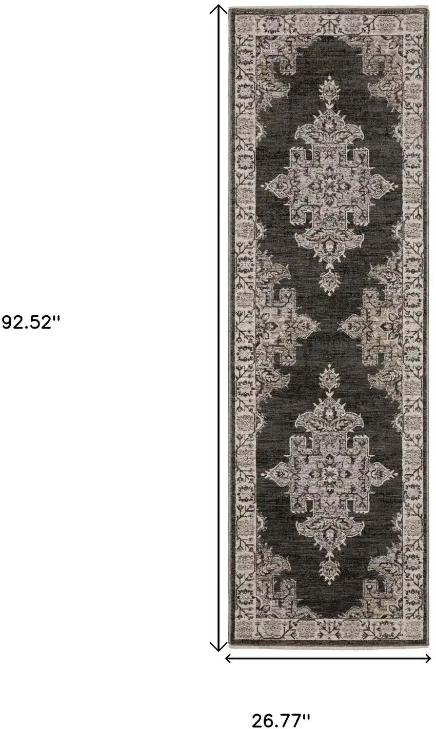 8' Gray And Beige Medallion Runner Rug With Fringe Photo 3