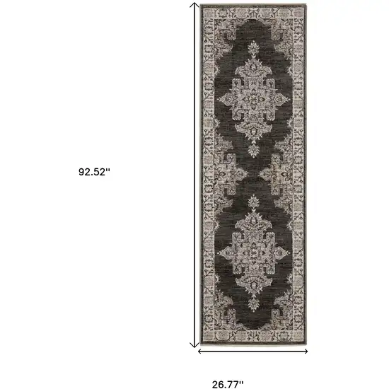 8' Gray And Beige Medallion Runner Rug With Fringe Photo 3