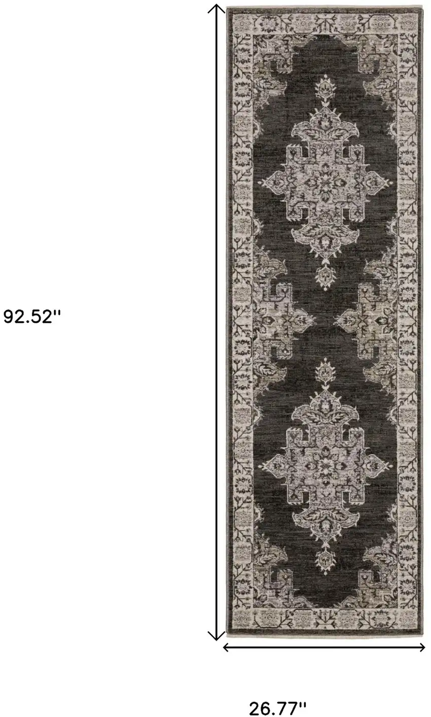 8' Gray And Beige Medallion Runner Rug With Fringe Photo 3