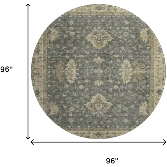 8' Gray And Beige Oriental Washable Round Rug With UV Protection Photo 9