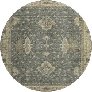 Photo of 8' Gray And Beige Oriental Washable Round Rug With UV Protection