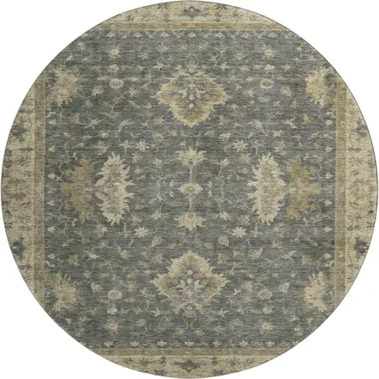 8' Gray And Beige Oriental Washable Round Rug With UV Protection Photo 1