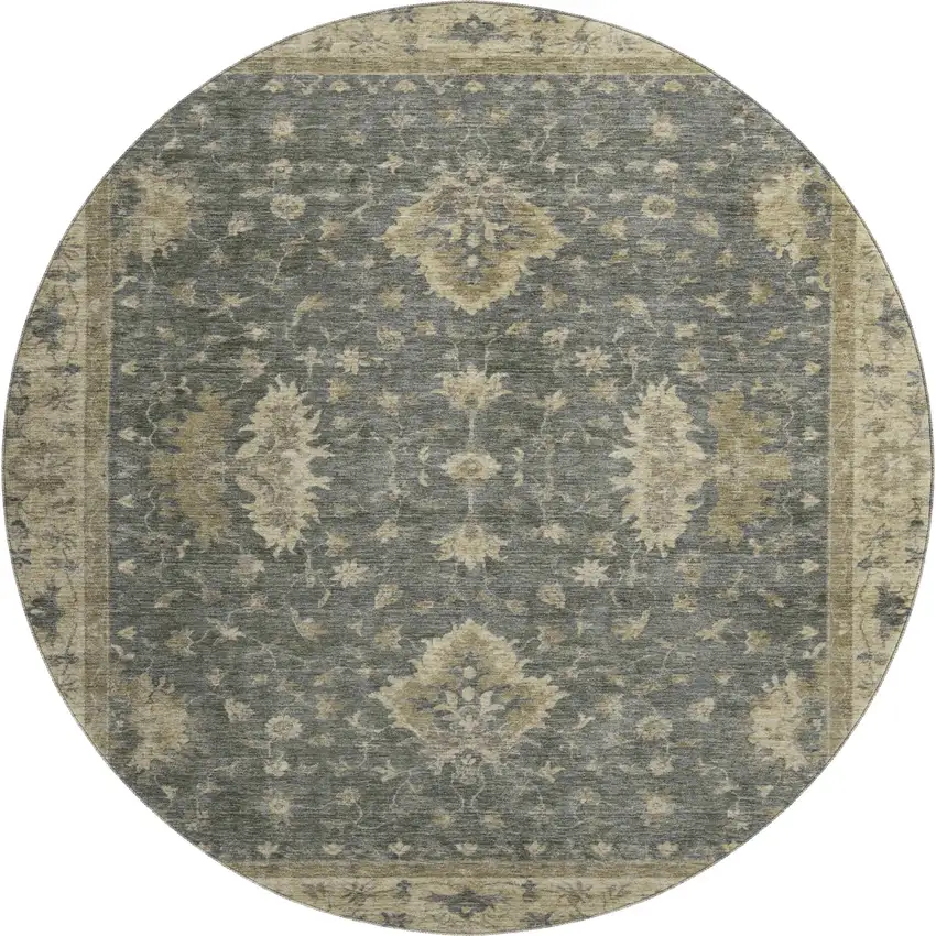 8' Gray And Beige Oriental Washable Round Rug With UV Protection Photo 1