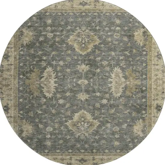 8' Gray And Beige Oriental Washable Round Rug With UV Protection Photo 3