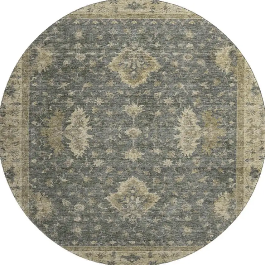 8' Gray And Beige Oriental Washable Round Rug With UV Protection Photo 3