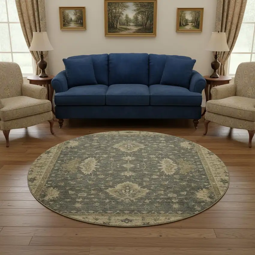 8' Gray And Beige Oriental Washable Round Rug With UV Protection Photo 2