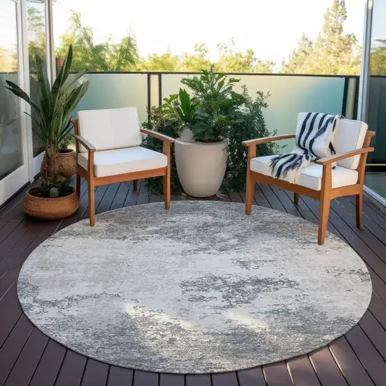 8' Gray And Beige Round Abstract Washable Indoor Outdoor Area Rug Photo 6