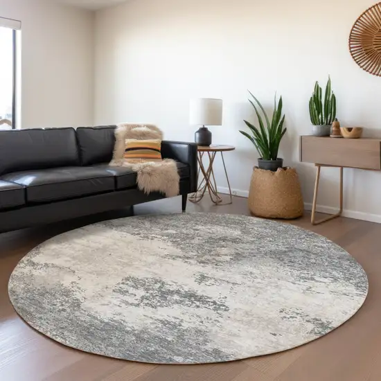 8' Gray And Beige Round Abstract Washable Indoor Outdoor Area Rug Photo 7