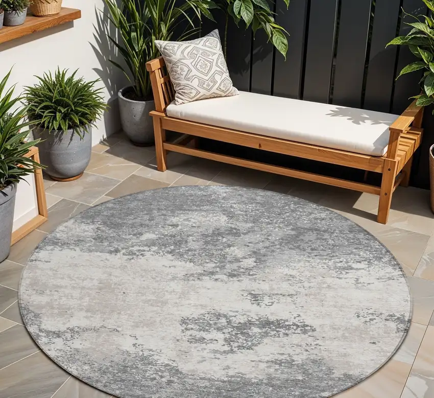 8' Gray And Beige Round Abstract Washable Indoor Outdoor Area Rug Photo 1