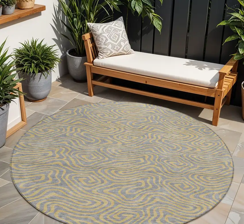 8' Gray And Beige Round Abstract Washable Indoor Outdoor Area Rug Photo 1