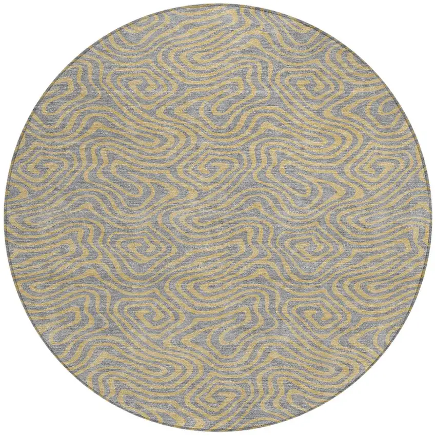 8' Gray And Beige Round Abstract Washable Indoor Outdoor Area Rug Photo 6