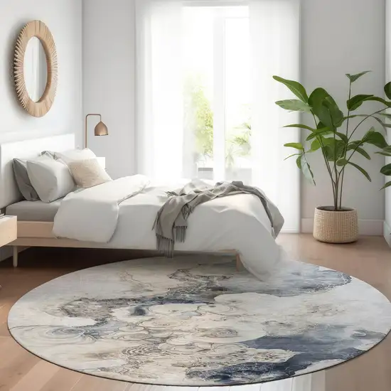 8' Gray And Beige Round Abstract Washable Indoor Outdoor Area Rug Photo 6