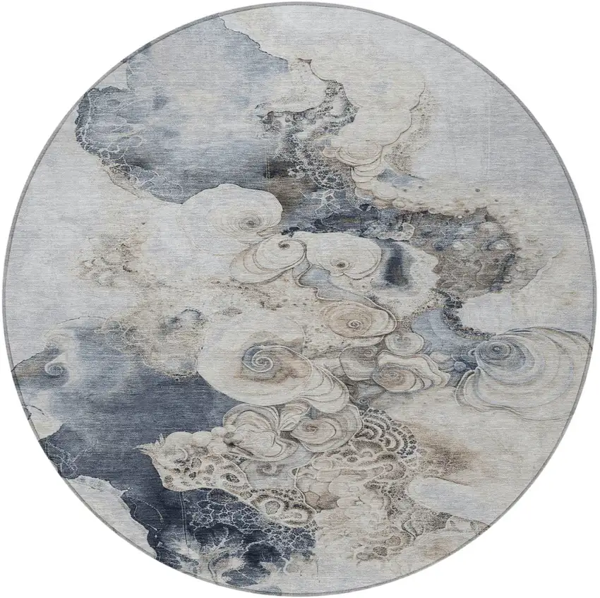 8' Gray And Beige Round Abstract Washable Indoor Outdoor Area Rug Photo 4