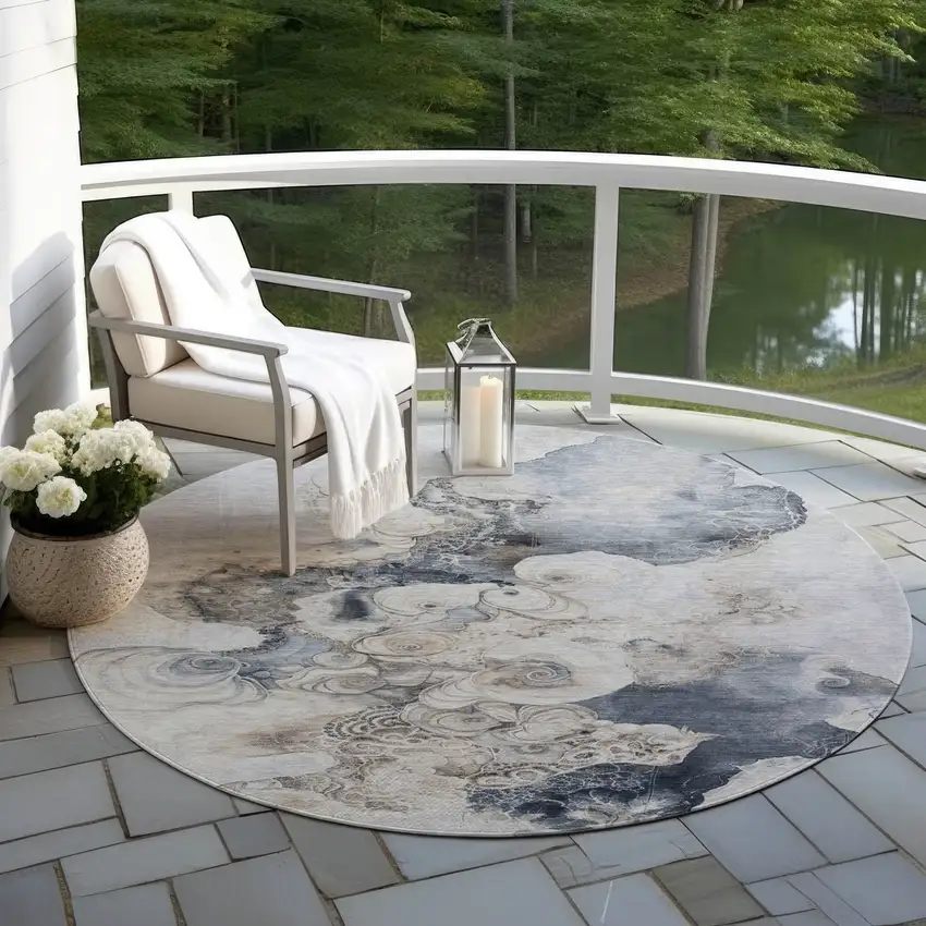 8' Gray And Beige Round Abstract Washable Indoor Outdoor Area Rug Photo 5