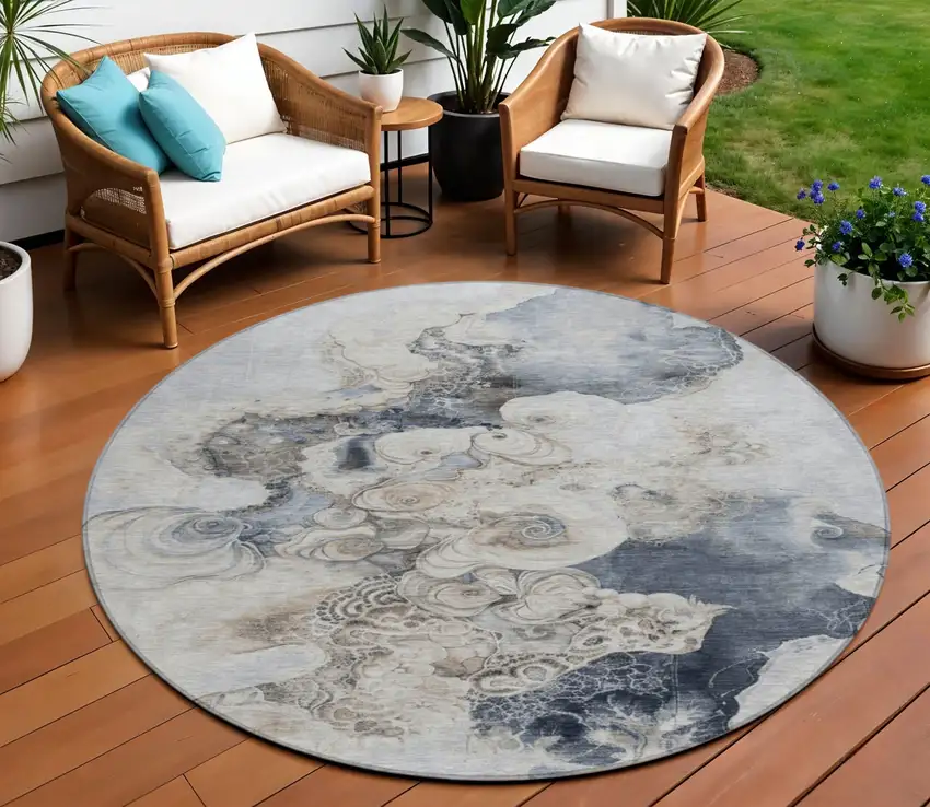 8' Gray And Beige Round Abstract Washable Indoor Outdoor Area Rug Photo 2