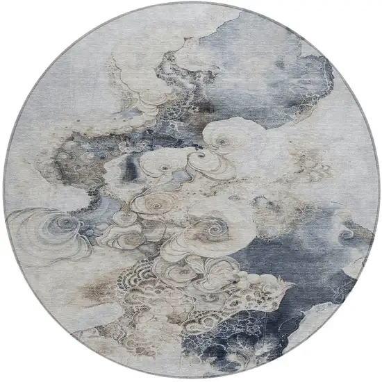 8' Gray And Beige Round Abstract Washable Indoor Outdoor Area Rug Photo 3