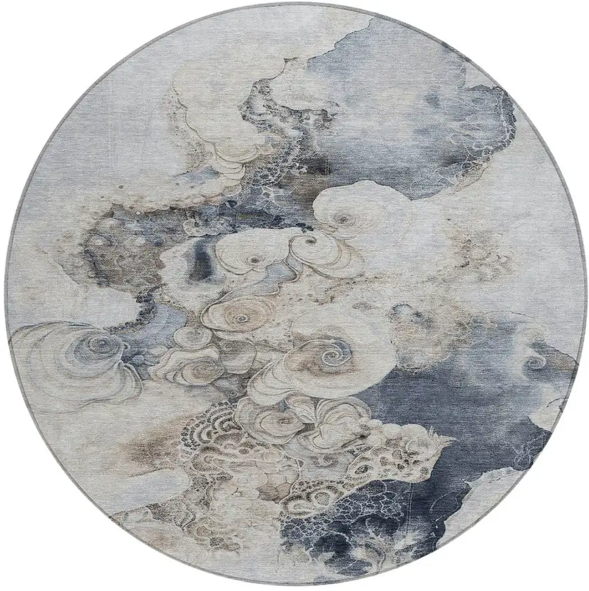 8' Gray And Beige Round Abstract Washable Indoor Outdoor Area Rug Photo 3