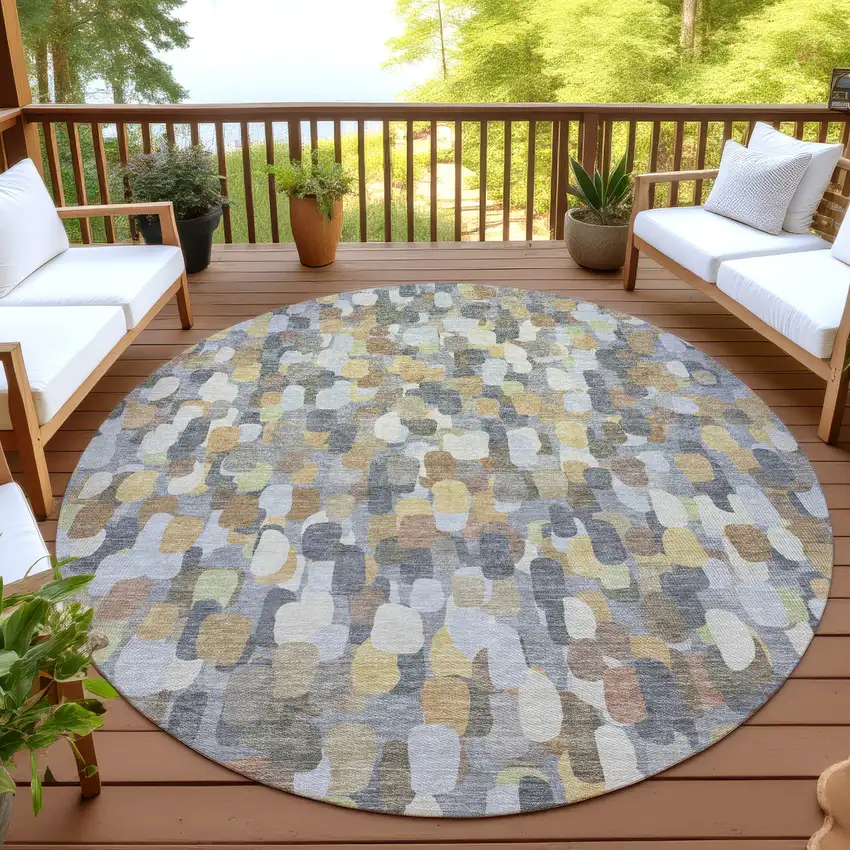 8' Gray And Beige Round Abstract Washable Indoor Outdoor Area Rug Photo 4