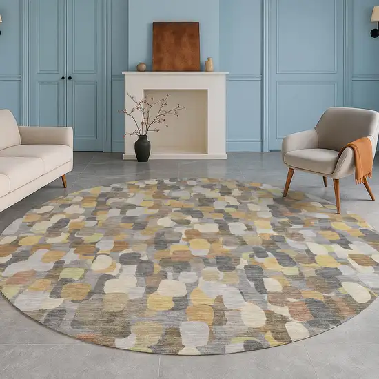 8' Gray And Beige Round Abstract Washable Indoor Outdoor Area Rug Photo 5