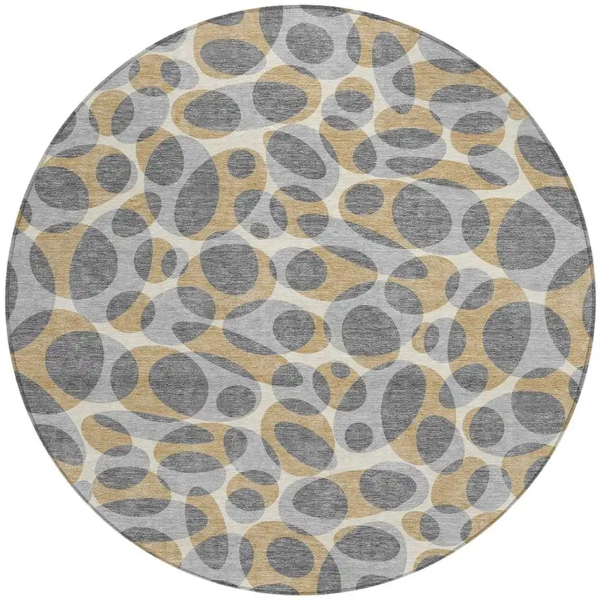8' Gray And Beige Round Abstract Washable Indoor Outdoor Area Rug Photo 3