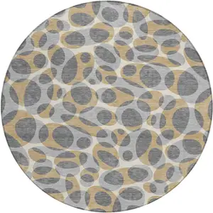 Photo of 8' Gray And Beige Round Abstract Washable Indoor Outdoor Area Rug