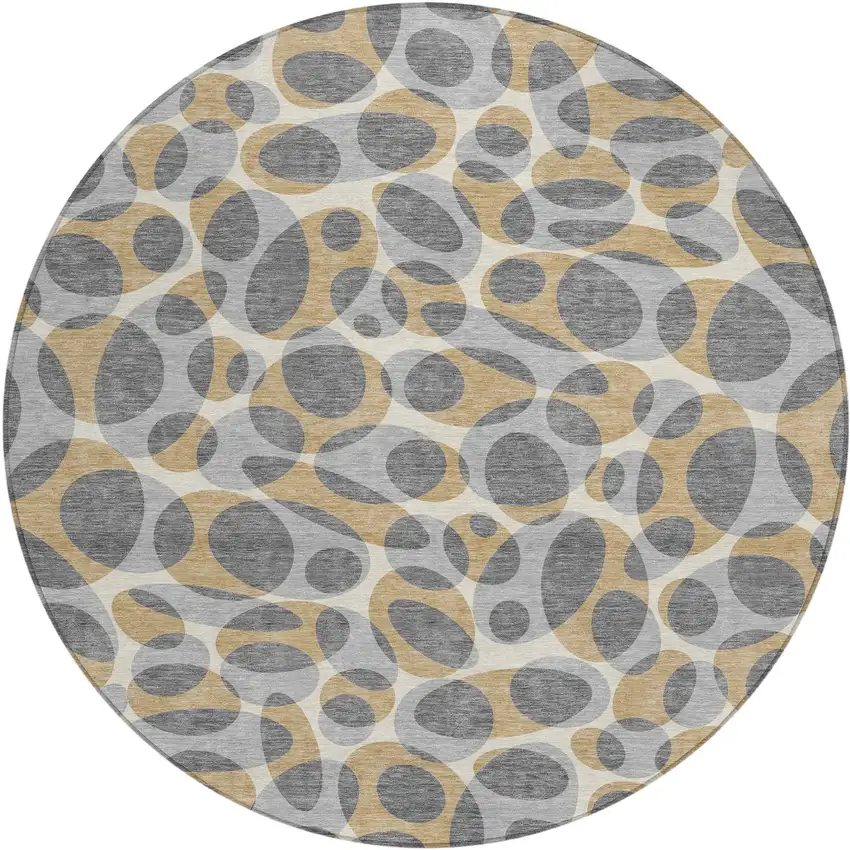 8' Gray And Beige Round Abstract Washable Indoor Outdoor Area Rug Photo 1