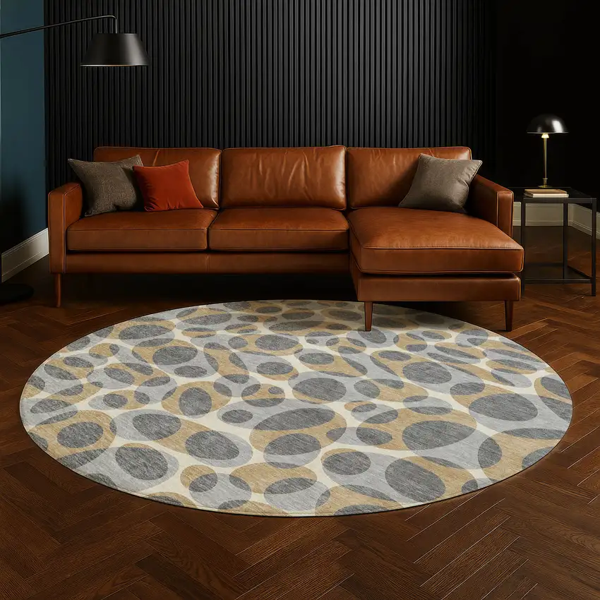 8' Gray And Beige Round Abstract Washable Indoor Outdoor Area Rug Photo 5