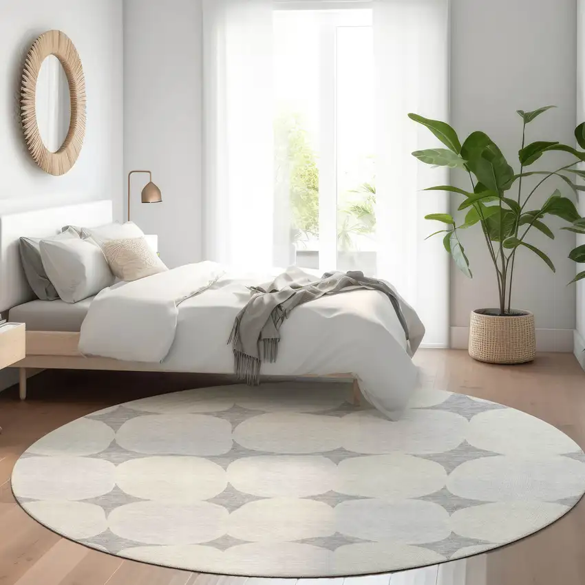 8' Gray And Beige Round Abstract Washable Indoor Outdoor Area Rug Photo 7